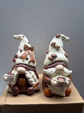 Coffee-Themed Gnome Figurines Holding Coffee Mugs Set Of 2 White & Brown With De
